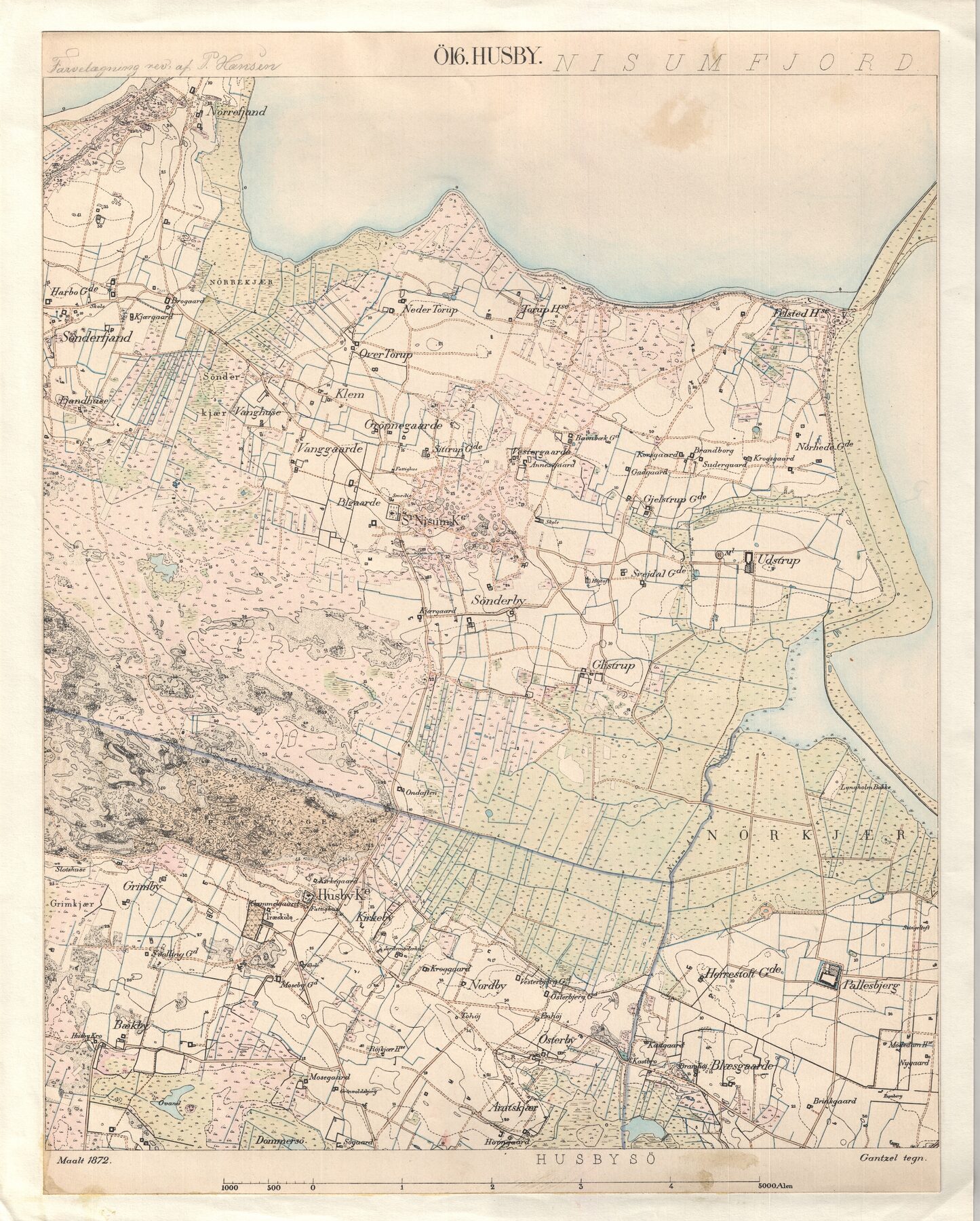 Målebordsblad Ø16 Husby fra 1872 med Husby Kirke, Nissum Fjord, klitrækken og de indtegnede kær