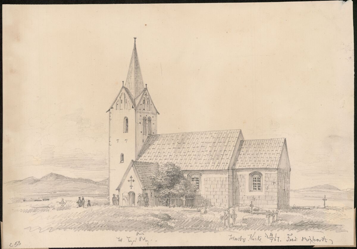 Blyantstegning af Husby Kirke fra 1867 med tårn, spir, kirkegård med kors og små figurer ved våbenhuset