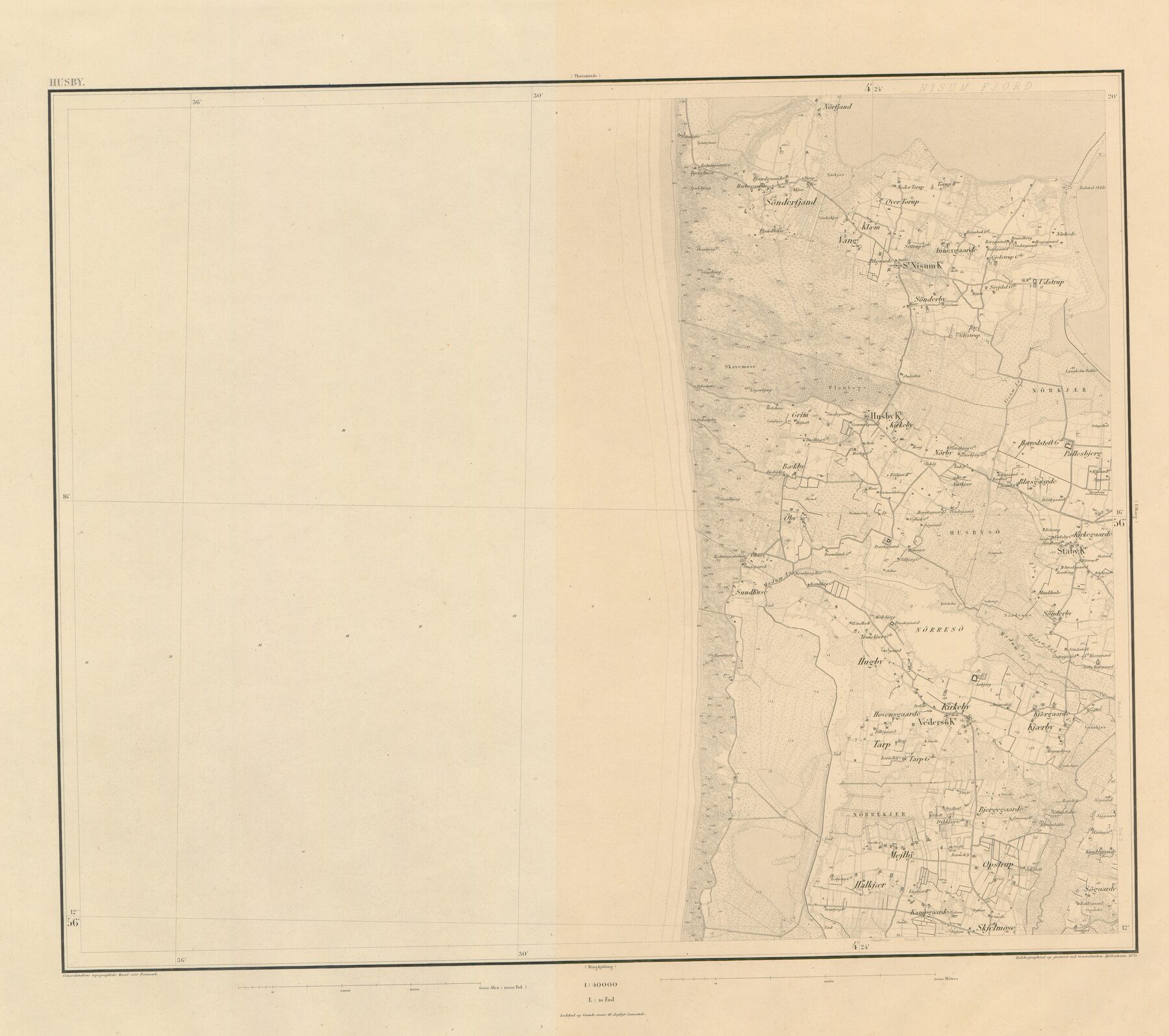 Atlasblad Husby fra 1878: kysten med Husby Klit, Vedersø og Tarp til højre, og venstre halvdel af bladet næsten tom hvor Vesterhavet ligger