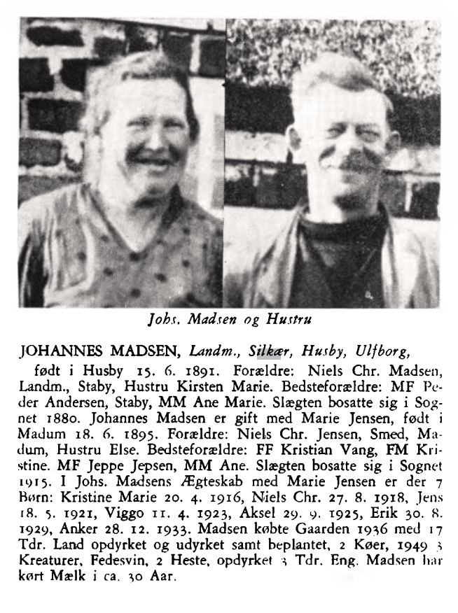 Opslag fra Husby sognebog om Johannes Madsen, landmand på Silkær, med foto af ham og hustruen