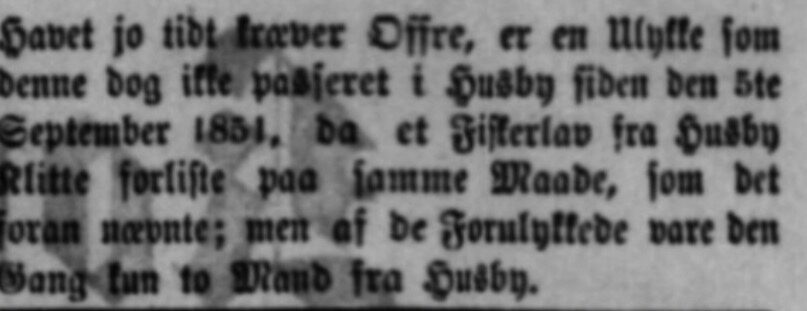 Afslutningen af avisspalten, der nævner den forrige ulykke af samme art i Husby den 5. september 1851
