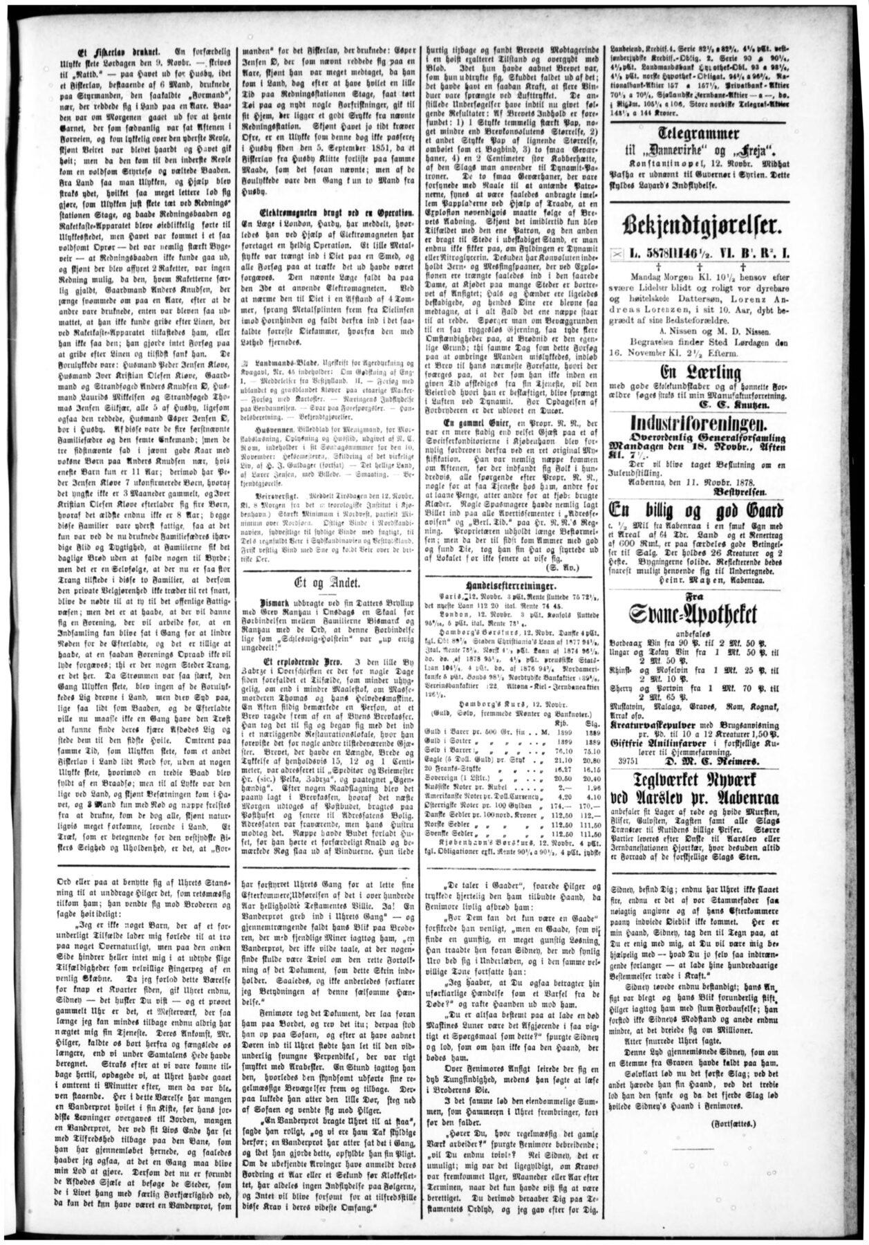 Hel avisside fra Dannevirke 13. november 1878; øverst i venstre spalte artiklen Et Fiskerlav drukner