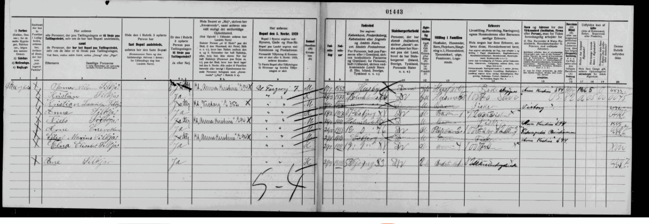 Opslag fra folketællingen 5. november 1930 for Esbjerg med husstanden på Gl. Færgevej 7: Thomas Nielsen Silkjær, Kristiane, fem børn med efternavnet Silkjær og Arne Enevoldsen