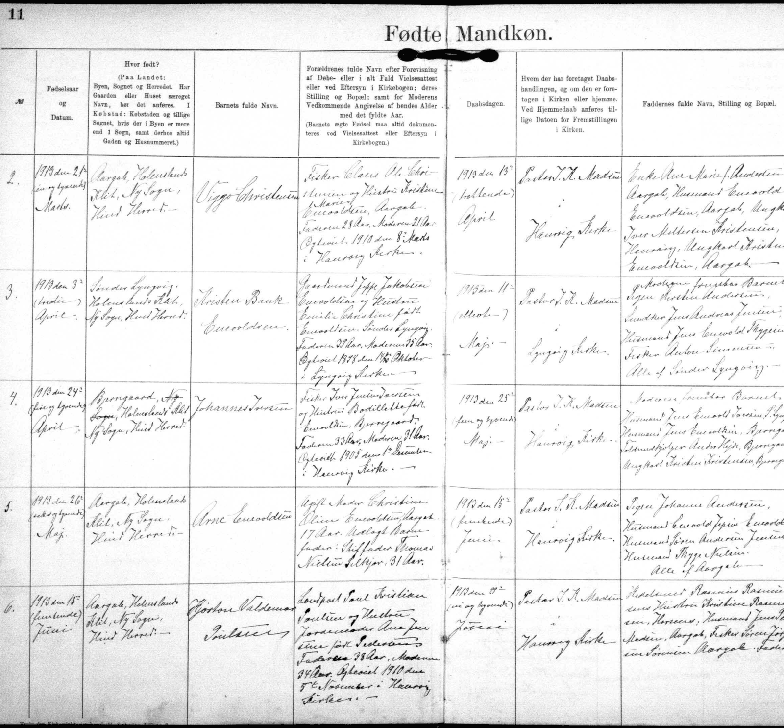 Hel kirkebogsside, Fødte Mandkøn, Ny Sogn 1913, med indførslerne nr. 2 til 6; nr. 5 er Arne Enevoldsen