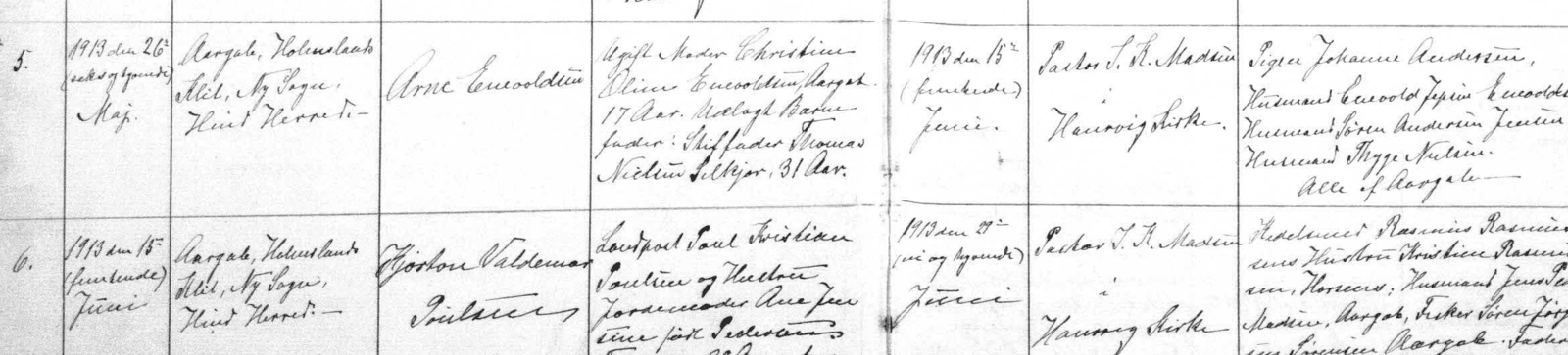 Nærbillede af indførsel nr. 5 i Ny Sogns kirkebog 1913: Arne Enevoldsen, ugift moder Christine Oline Enevoldsen 17 aar, udlagt barnefader stiffader Thomas Nielsen Silkjær 31 aar