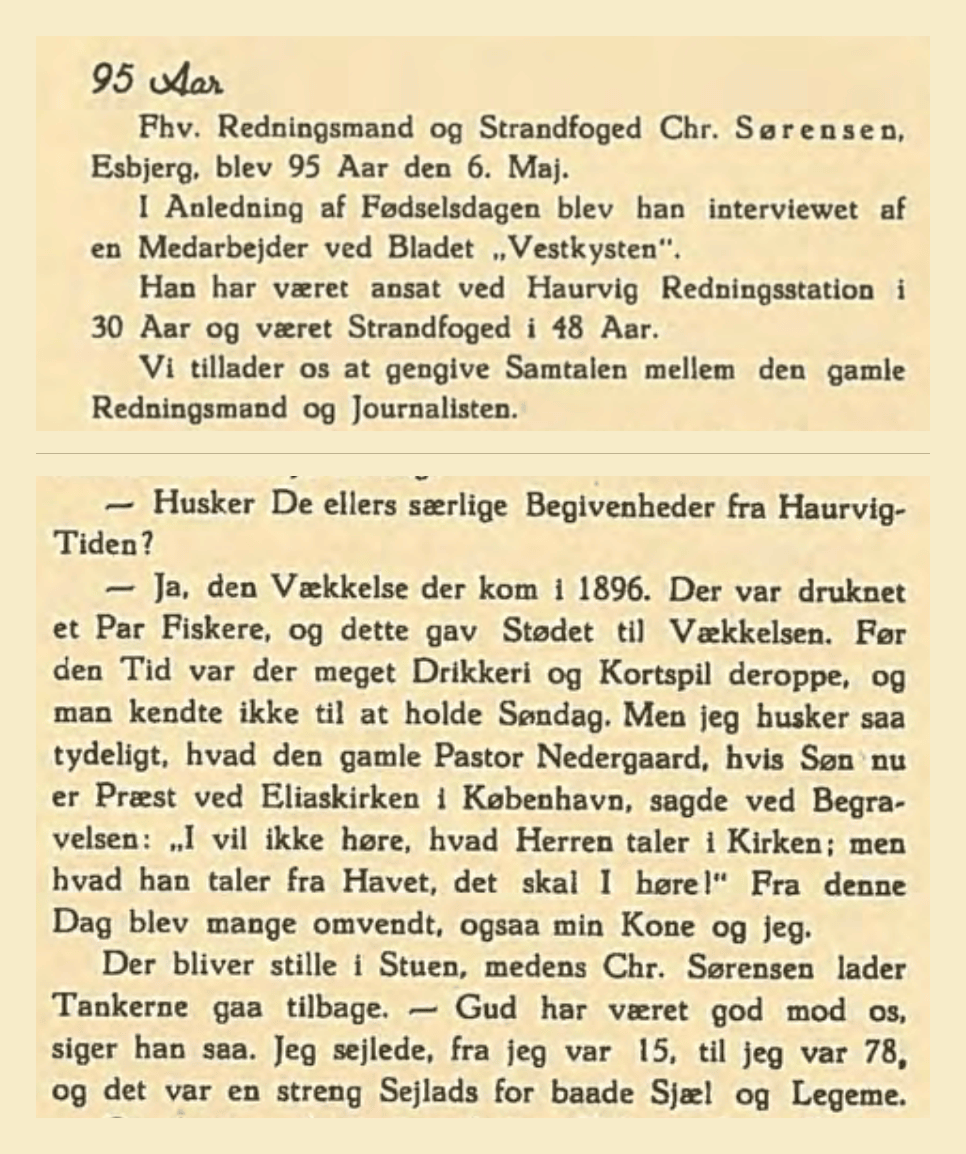Udklip fra Tidsskrift for Redningsvæsen 1944: overskriften 95 Aar om fhv. redningsmand og strandfoged Chr. Sørensen, og uddraget hvor han fortæller om vækkelsen i 1896 og pastor Nedergaards ord ved begravelsen