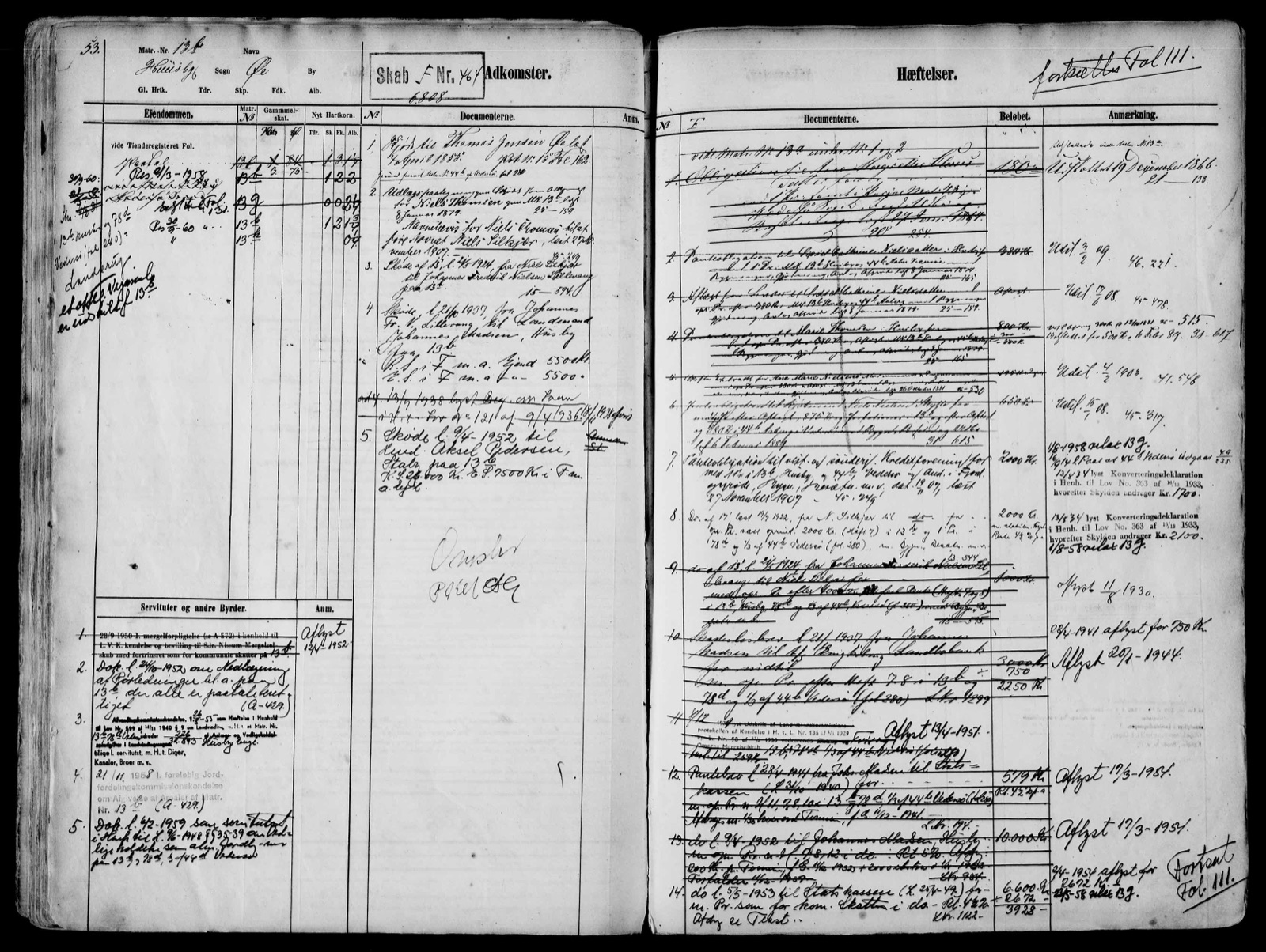 Realregistrets opslag for matrikel 13b i Husby Sogn, fol. 53, med kolonner for adkomster og hæftelser