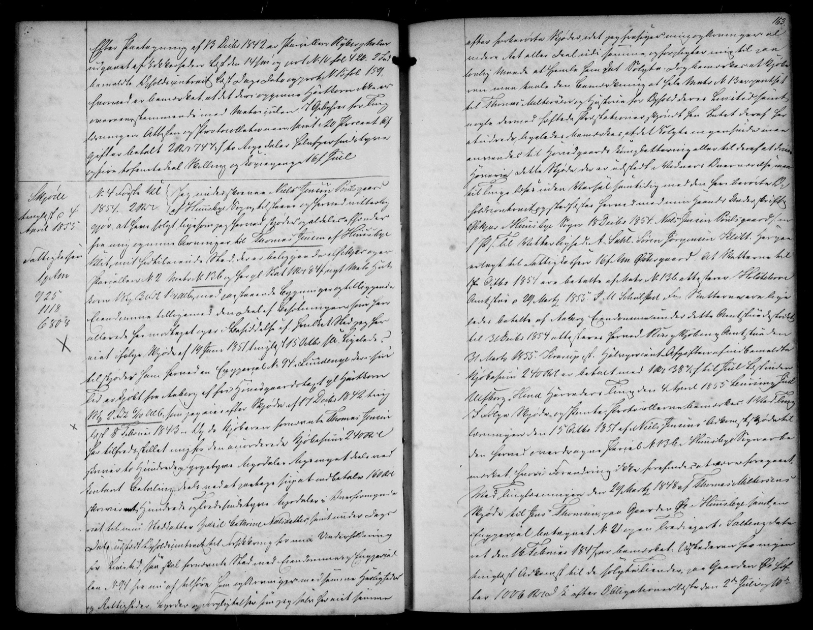Opslag i skøde- og panteprotokollen, side 162—163, med det håndskrevne skøde fra 1854 og margennoten om tinglysning 4. april 1855