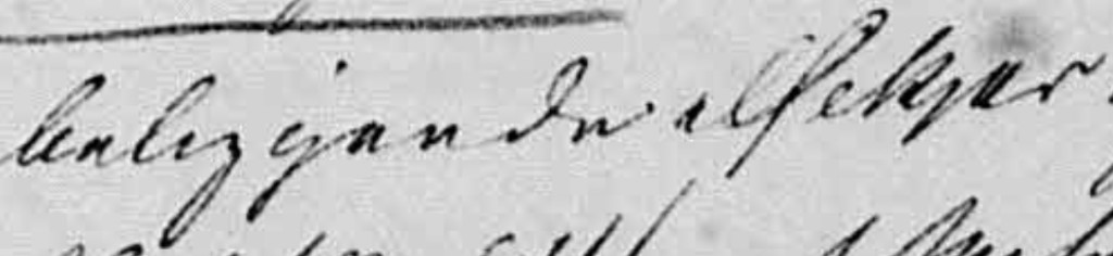 Nærbillede af tre håndskrevne ord i gotisk skrift fra skødet 1855: beliggende i Silkjær