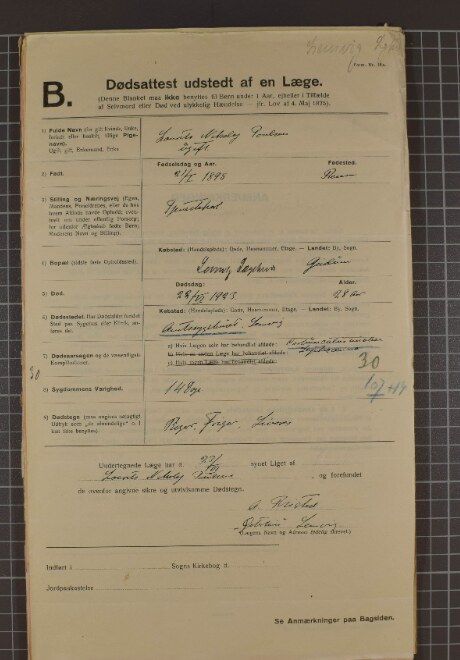 Dødsattest udstedt af en læge, blanket B, for Laurits Nikolaj Poulsen, ugift, død 28. november 1923 på Amtssygehuset i Lemvig, 28 år gammel