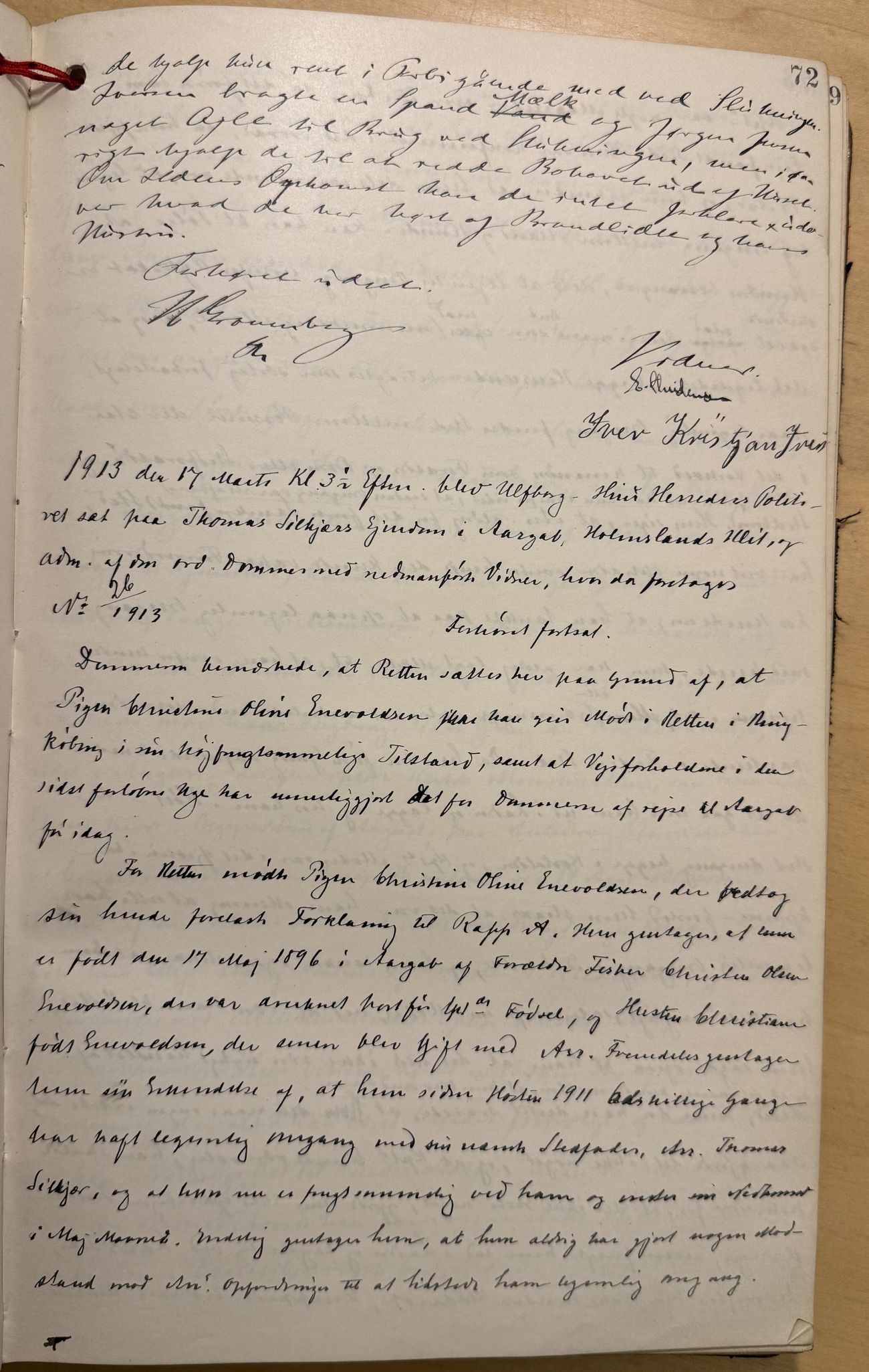 Rejsepolitiprotokollens side 72 med håndskrevet indførsel: 1913 den 17. marts kl. 3½ eftermiddag blev Ulfborg-Hind Herreders Politiret sat paa Thomas Silkjærs Ejendom i Aargab, Holmslands Klit